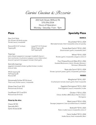 Menu photo 2 Carini Cucina E Pizzeria Milford, PA Menu photo 2 Carini Cucina E Pizzeria Milford, PA