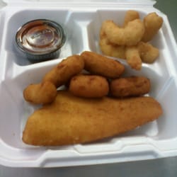 Seafood platter-flounder fillet,shrimp,scallops,and hush puppies