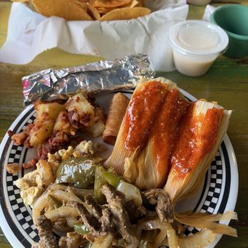 Juan's Mexican Grill Express - Tamales, steak and chicken fajitas fixings, Mexican quiche and Mexican Potatoes all from the dinner buffet bar. - Mexican Near Me - Poplarville, Mississippi