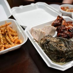 Saimin Says - Más Pika! Plate: pork luau, beef chop suey, tuna ota, teriyaki chicken, BBQ turkey tail, taro, rice ($25). Hurricane Fries ($6.95).
