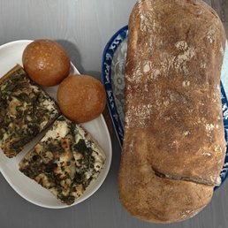Large Sourdough bread, spinach quiche, and 2 small rolls