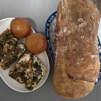 Cafe d’Avignon - Dekalb Market Hall - Large Sourdough bread, spinach quiche, and 2 small rolls - Breakfast & Brunch Near Me - Brooklyn, New York