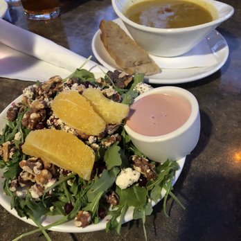 Gertrude's - Front: arugula salad (vegetarian) Back: butternut squash soup (vegan) - New American Near Me - Phoenix, Arizona