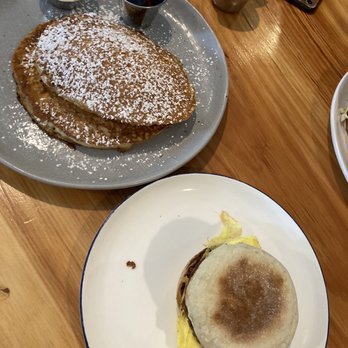 Two Birds Cafe - Breakfast sandwich & two pancakes - Cafes Near Me - West Chester, Pennsylvania