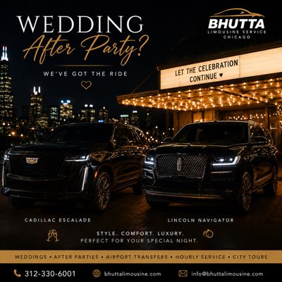 Chicago Airport & Event Transportation ⭐ - Bhutta Limousine Service provides luxury transportation throughout Chicago and the surrounding suburbs. Our fleet includes premium SUVs, Executive Mercedes-Benz Sprinters, limo-style Sprinters, stretch limousines, party buses, and executive transportation for airport transfers, corporate travel, weddings, graduations, birthdays, concerts, sporting events, hotel transportation, proms, city tours, and private charters. We proudly serve O’Hare International Airport (ORD), Midway Airport (MDW), Downtown Chicago, Rosemont, Schaumburg, Naperville, Evanston, Skokie, Oak Brook, Northbrook, and nearby communities. Whether you need transportation for one passenger or a large group, our professional chauffeurs are committed to providing safe, reliable, and comfortable service. Contact Bhutta Limousine Service today to reserve your luxury transportation in Chicago. Chicago Airport & Event Transportation ⭐ - Bhutta Limousine Service provides luxury transportation throughout Chicago and the surrounding suburbs. Our fleet includes premium SUVs, Executive Mercedes-Benz Sprinters, limo-style Sprinters, stretch limousines, party buses, and executive transportation for airport transfers, corporate travel, weddings, graduations, birthdays, concerts, sporting events, hotel transportation, proms, city tours, and private charters. We proudly serve O’Hare International Airport (ORD), Midway Airport (MDW), Downtown Chicago, Rosemont, Schaumburg, Naperville, Evanston, Skokie, Oak Brook, Northbrook, and nearby communities. Whether you need transportation for one passenger or a large group, our professional chauffeurs are committed to providing safe, reliable, and comfortable service. Contact Bhutta Limousine Service today to reserve your luxury transportation in Chicago.