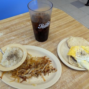 Coffee House Waffle Shop - Grits, (supposed to be, but they weren't ) crispy hash browns, egg & cheese biscuit. - Waffles Near Me - West Jefferson, North Carolina Coffee House Waffle Shop - Grits, (supposed to be, but they weren't ) crispy hash browns, egg & cheese biscuit. - Waffles Near Me - West Jefferson, North Carolina