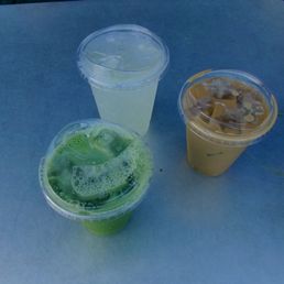 Matcha with vanilla bean, Yuzu with sparkling water, Iced coffee latte Matcha with vanilla bean, Yuzu with sparkling water, Iced coffee latte
