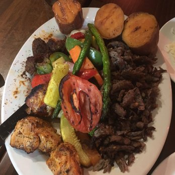 Cafe Izmir - Grilled Tapas: beef tenderloin, chicken, baked sweet potatoes, grilled vegetables, and deconstructed lamb/beef shawarma - Middle Eastern Near Me - Dallas, Texas