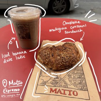 Matto Espresso - Omelette multigrain croissant sandwich, iced banana date latte - Coffee & Tea Near Me - New York, New York Matto Espresso - Omelette multigrain croissant sandwich, iced banana date latte - Coffee & Tea Near Me - New York, New York