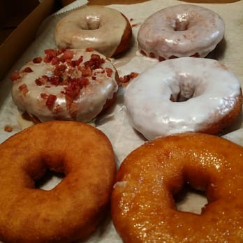 Duck Donuts - Cake, glazed, vanilla, bacon maple...I forget what the other two are but I'll consume them tonight! - Donuts Near Me - Herndon, Virginia Duck Donuts - Cake, glazed, vanilla, bacon maple...I forget what the other two are but I'll consume them tonight! - Donuts Near Me - Herndon, Virginia