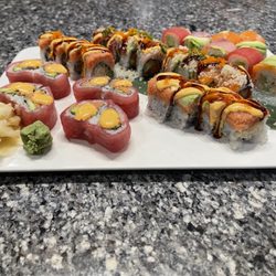 Yama Fuji II - Valentine roll on the far left. Volcano and Hawaiian roll in the middle. And soy paper rainbow roll on the far right