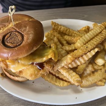 Campfire - Fried Chicken sandwich with crinkle fries. - Burgers Near Me - Helen, Georgia