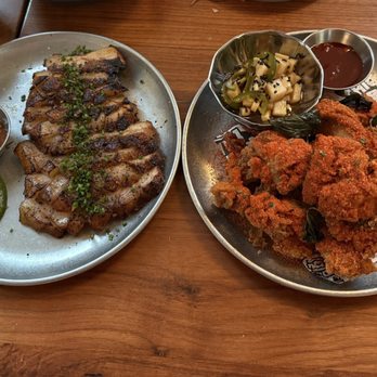 Jilli - Pork jowl left and K-Popcorn Chicken right - Korean Near Me - San Francisco, California Jilli - Pork jowl left and K-Popcorn Chicken right - Korean Near Me - San Francisco, California