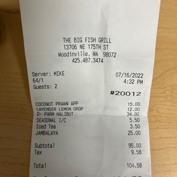 Big Fish Grill - Receipt - Seafood Near Me - Woodinville, Washington