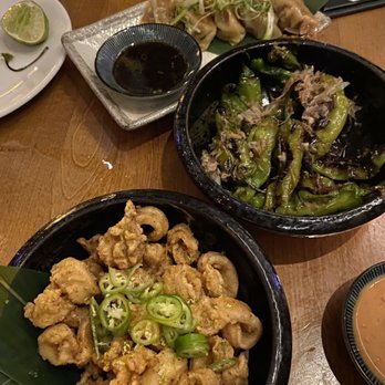 Roka Akor - Chicago - Crispy Squid, Chili, Lime**; Japanese Shishito Peppers, Ponzu, Bonito Flakes**; Wagyu Beef and Kimchi Dumplings, Soy Vinaigrette** - Sushi Bars Near Me - Chicago, Illinois Roka Akor - Chicago - Crispy Squid, Chili, Lime**; Japanese Shishito Peppers, Ponzu, Bonito Flakes**; Wagyu Beef and Kimchi Dumplings, Soy Vinaigrette** - Sushi Bars Near Me - Chicago, Illinois