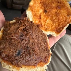 Barbecue sandwich, meat spread like it's mayonnaise ..... ???
