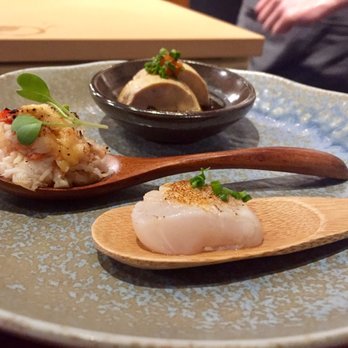 Hinata - Appetizer - Hokkaido Scallop, Miso Crab, Ankimo. Not pictured - Okinawa Seaweed - Sushi Bars Near Me - San Francisco, California