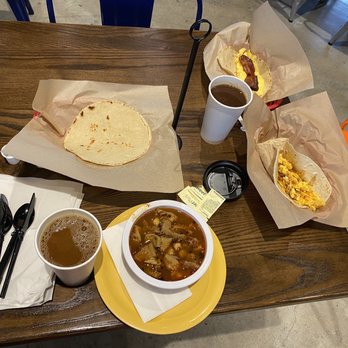 Fuego Tortilla Grill - Small menudo, chorizo & egg flour tortilla taco, bacon & egg corn tortilla taco, and two large coffees for $15! - Tacos Near Me - San Antonio, Texas Fuego Tortilla Grill - Small menudo, chorizo & egg flour tortilla taco, bacon & egg corn tortilla taco, and two large coffees for $15! - Tacos Near Me - San Antonio, Texas