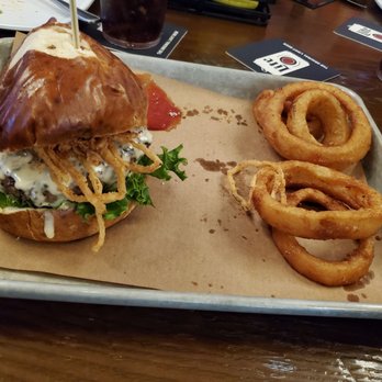 Blind Squirrel - Beer cheese burger with onion rings. - Sports Bars Near Me - Louisville, Kentucky