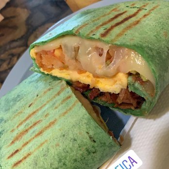 Cafe Pacifica - Gangsta Wrap (Eggs, bacon, Swiss cheese, hash brown, & mango peach salsa in a spinach tortilla) - Coffee & Tea Near Me - Pacifica, California