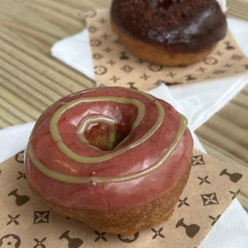 Holey Grail Donuts - Strawberry fields (Strawberry matcha) donut and mission hot chocolate donut - Donuts Near Me - Honolulu, Hawaii