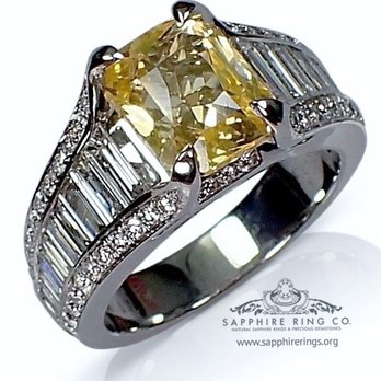 Sapphire Ring Co. - Yellow sapphire wedding ring set with an untreated cushion cut Ceylon sapphire in custom made platinum ring - Jewelry Near Me Sapphire Ring Co. - Yellow sapphire wedding ring set with an untreated cushion cut Ceylon sapphire in custom made platinum ring - Jewelry Near Me
