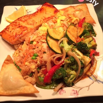Pinoy Oriental - Daily Special: Salmon Steak With Chicken Fried Rice & Vegetable Stir Fried & 2 Crab Ragoon! - Thai Near Me - Eureka, Montana Pinoy Oriental - Daily Special: Salmon Steak With Chicken Fried Rice & Vegetable Stir Fried & 2 Crab Ragoon! - Thai Near Me - Eureka, Montana