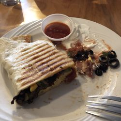 Whistle Stop Cafe - The Special today - a breakfast burrito with spinach, peppers, onions, home fries, cheese, sour cream, and salsa. Yum!