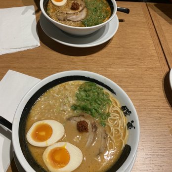Ramen Danbo - Miso ramen with soft boiled egg, and negi goma rekka in back, both ramen with their thicker noodles - Ramen Near Me - Brooklyn, New York Ramen Danbo - Miso ramen with soft boiled egg, and negi goma rekka in back, both ramen with their thicker noodles - Ramen Near Me - Brooklyn, New York