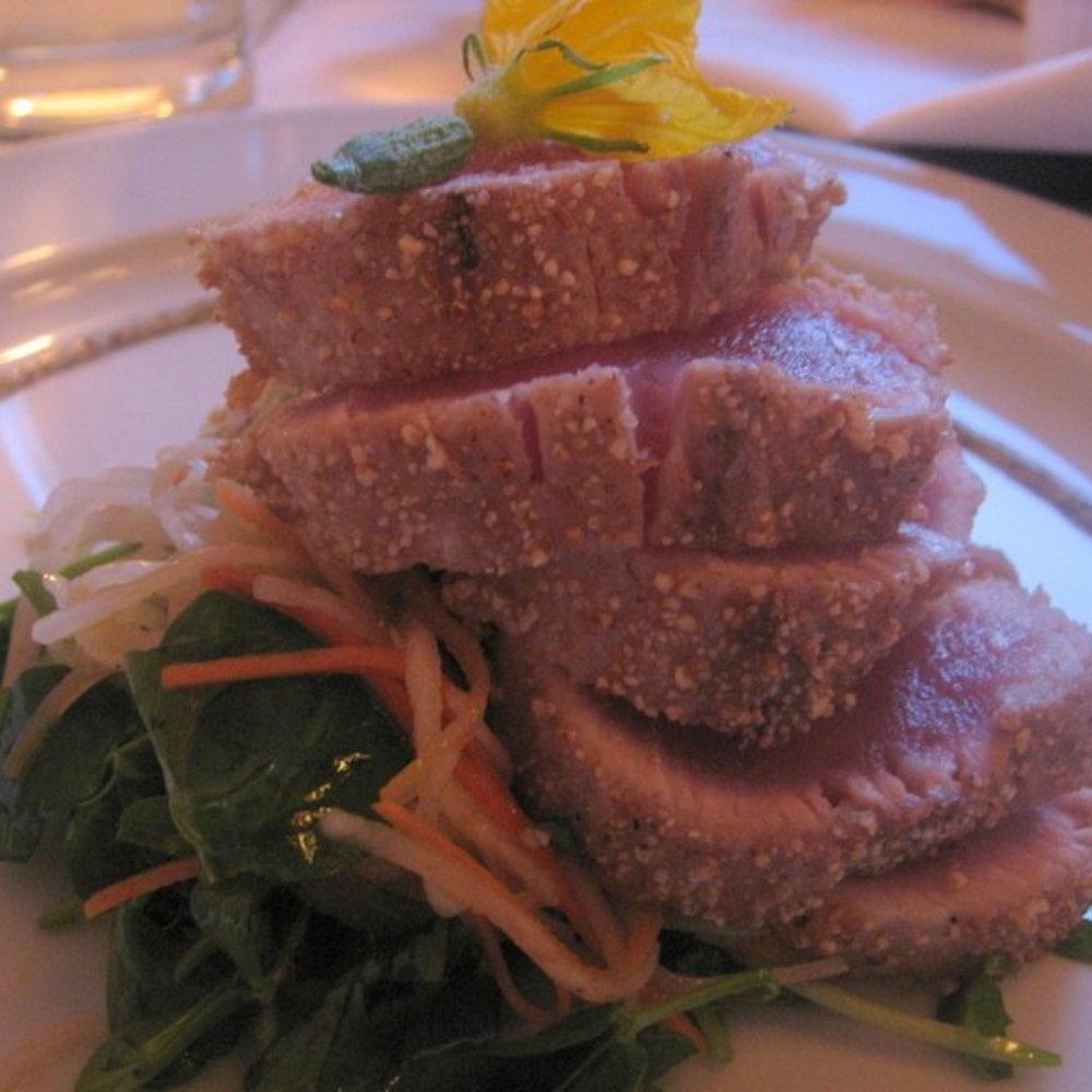L'Etoile - main course, tuna with amazing spicy potato salad underneath - New American Near Me - Madison, Wisconsin L'Etoile - main course, tuna with amazing spicy potato salad underneath - New American Near Me - Madison, Wisconsin