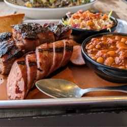 Meat Mitch Barbecue - Honey bbq sausage, soft delicious burnt, juicy burnt ends, bbq beans, bacon broccoli slaw.