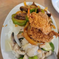 Wong's Canton - Combo Plate... Cashew Chicken, Fried Shrimp, Szechuan Beef, White Rice