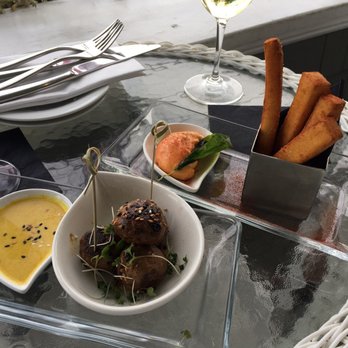 Ocean Restaurant - Lamb croquettes with honeyed yogurt sauce Chickpea fries with pimento mayonnaise. Absolutely delicious. - French Near Me - Kennebunkport, Maine