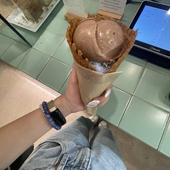 Gati - Chocolate (brown) on top cookie monster (blue) under on waffle cone. Size small (two flavors) - Ice Cream & Frozen Yogurt Near Me - Austin, Texas