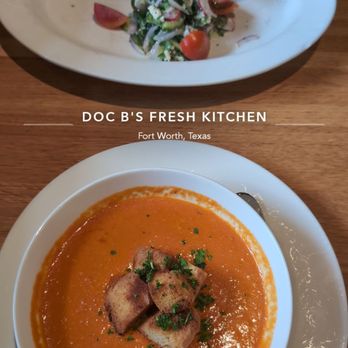 Doc B's Restaurant + Bar - Tomato soup and chicken sandwich with cucumber salad - New American Near Me - Fort Worth, Texas Doc B's Restaurant + Bar - Tomato soup and chicken sandwich with cucumber salad - New American Near Me - Fort Worth, Texas