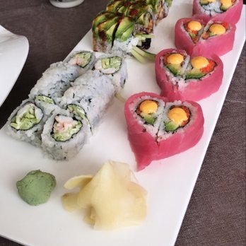 Sakura 15 - Sweetheart Roll (right), Green Dragon Rolls (top left), Boston Roll (bottom left) - Japanese Near Me - Bloomington, Indiana