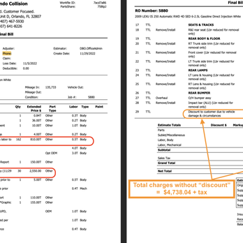 db Orlando Collision East - Final bill for estimate, no repairs - Body Shops Near Me - Orlando, Florida