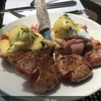 Lola - Egg Benedict with very crunchy potatoes that looks like mushrooms at first sight - Greek Near Me - Seattle, Washington