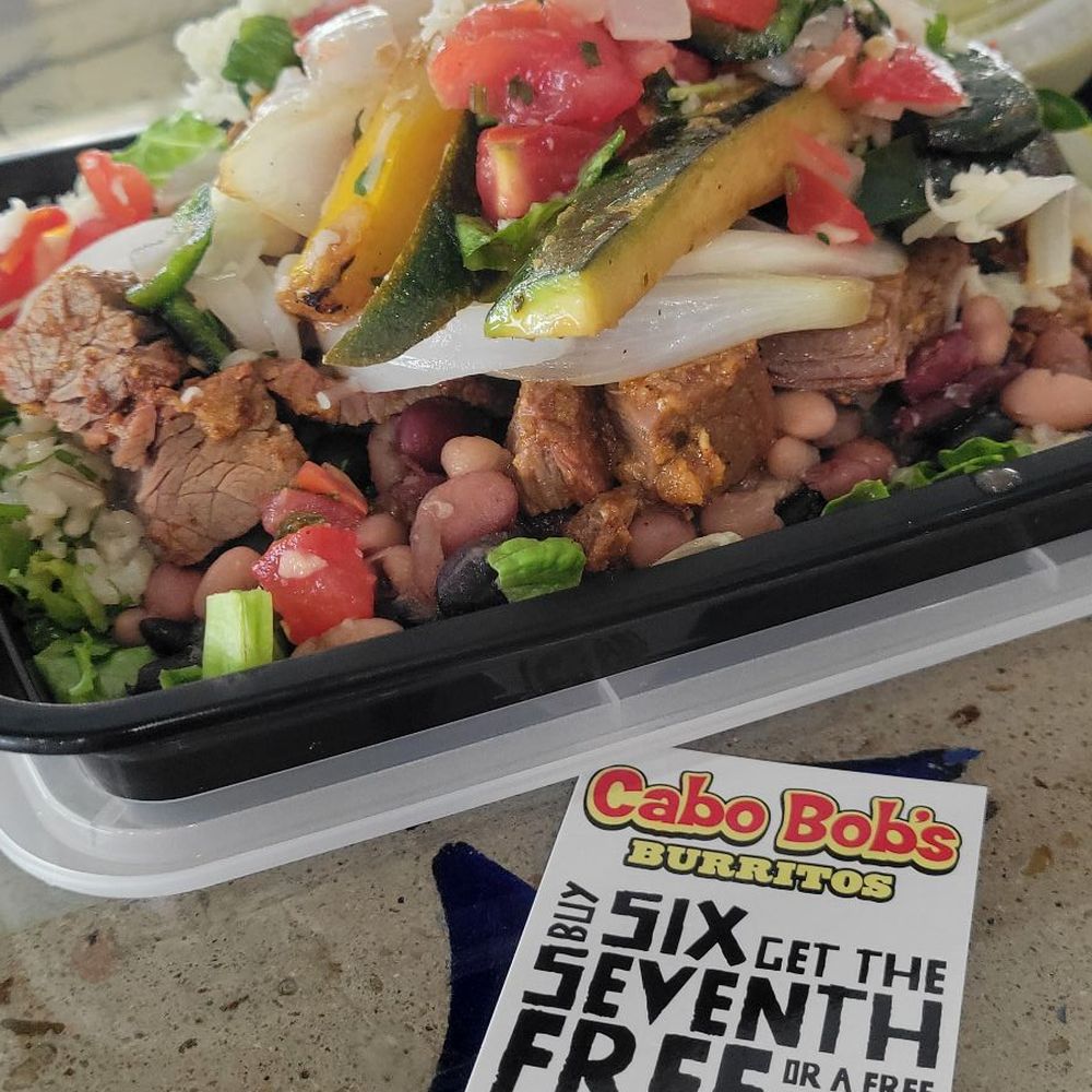 Cabo Bob's Burritos - Beef Bowl with perk card - Mexican Near Me - Meadows Place, Texas