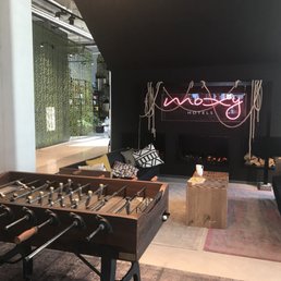 Lobby fireplace and foosball