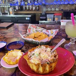 My food- margarita, taco salad and cute mini taco bowl of cheese on side My food- margarita, taco salad and cute mini taco bowl of cheese on side
