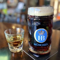 Edelweiss Pizza Pub Pastries - Stork Rye Whiskey and Hofbräu Dunkel