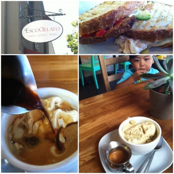 EscoGelato - Affogato (pistachio and espresso), mayan chocolate (my son eating it in the background and 'deedo' panini. - Coffee & Tea Near Me - Escondido, California EscoGelato - Affogato (pistachio and espresso), mayan chocolate (my son eating it in the background and 'deedo' panini. - Coffee & Tea Near Me - Escondido, California