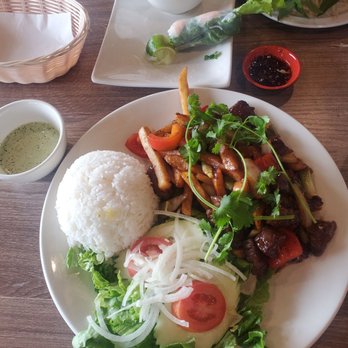Bone & Broth - Shaken beef with fries, vegetables, white rice and a side of green sauce! - Vietnamese Near Me - Ontario, California