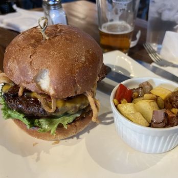 Flatiron bites & brews - Bbq burger with side of calabacitas. - Cocktail Bars Near Me - Albuquerque, New Mexico