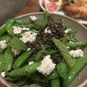 Manuela - Blistered Snap Peas, Black Quinoa, Sesame Date Butter, Feta - New American Near Me - Los Angeles, California Manuela - Blistered Snap Peas, Black Quinoa, Sesame Date Butter, Feta - New American Near Me - Los Angeles, California