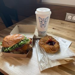 Neon Marketplace - The Vineyard Chicken Sandwich w/ Avocado, Raspberry Danish, Large hot French roast coffee