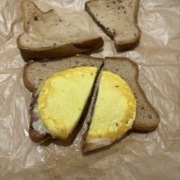 Bacon egg and cheese on 'toasted' bread Bacon egg and cheese on 'toasted' bread