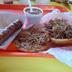 Wildhorse Mountain BBQ - Link, pulled pork sandwich, baked beans