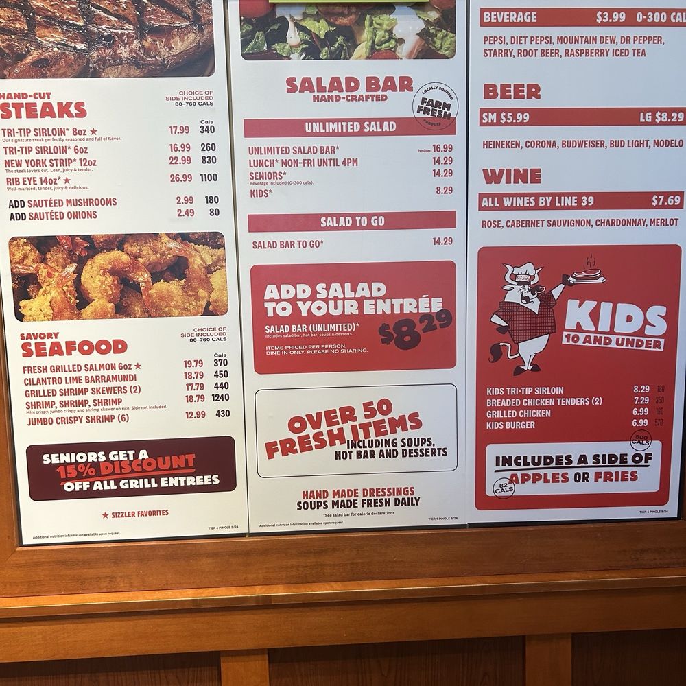 Sizzler - The wall menu - Seafood Near Me - Pinole, California Sizzler - The wall menu - Seafood Near Me - Pinole, California